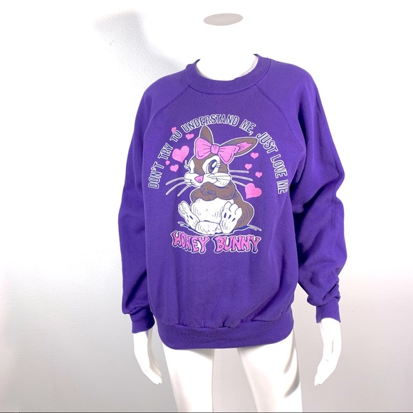 Vintage 80s 90s style rabbit bunny purple sweatshirt retro Honey Bunny - Picture 1 of 12